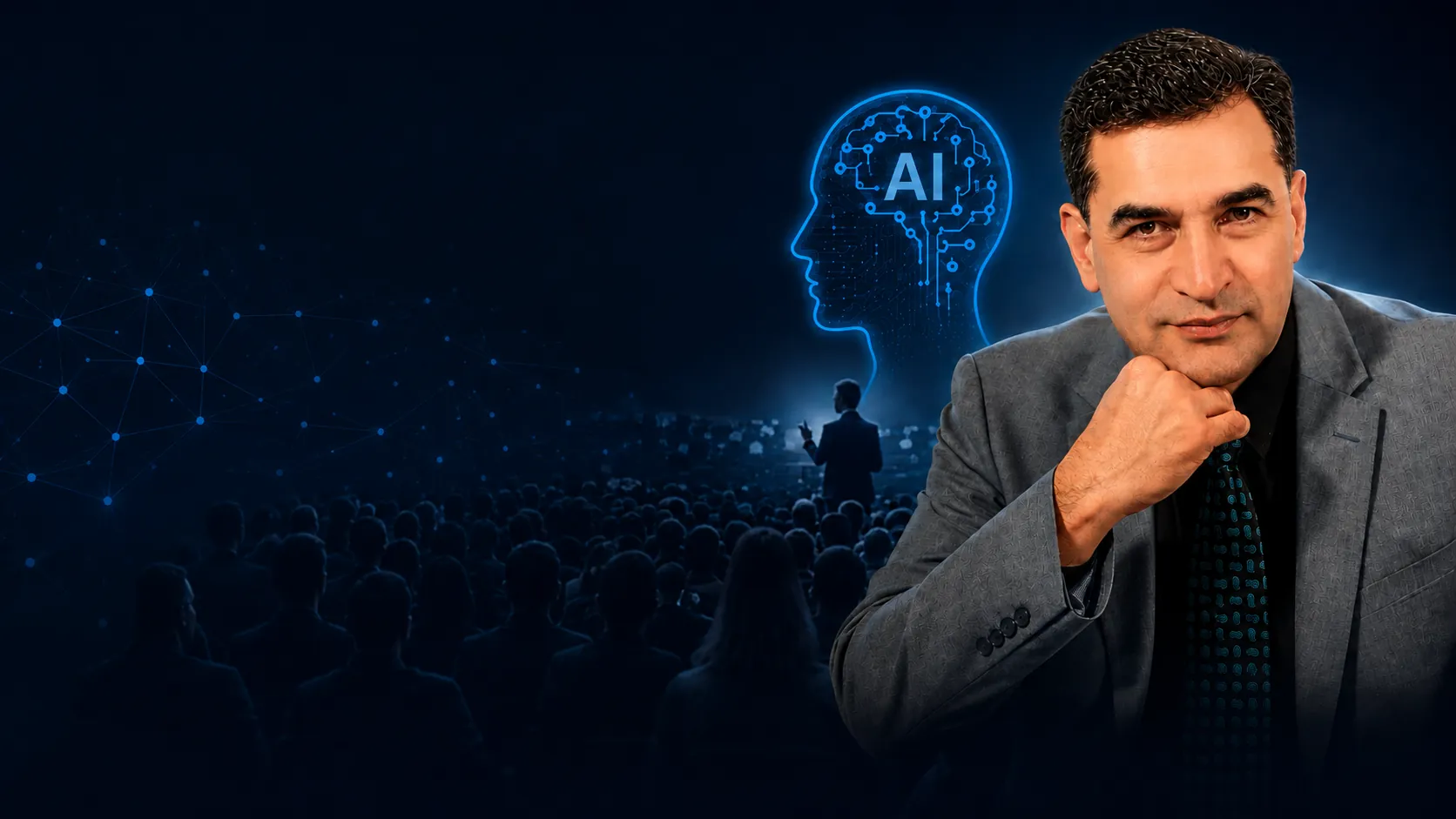 Dr AttiqUr Rehman, hand to chin, beside a glowing AI brain graphic and an audience.